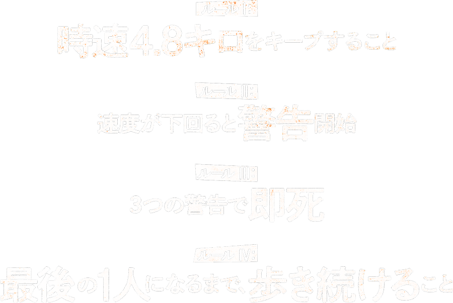 ①「時速４．８キロをキープすること」②「速度が下回ると警告開始」③「３つの警告で即死」④「最後の1人になるまで、歩き続けること」