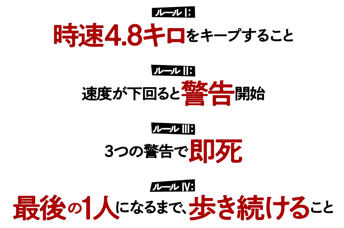 ルール：時速4.8キロをキープすること／速度が下回ると警告開始／3つの警告で即死／コースから逃げても即死／最後の1人になるまで、歩き続けること